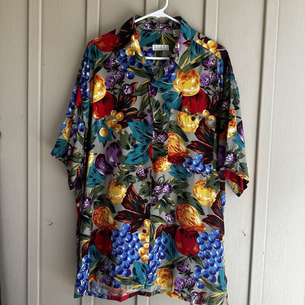 Burma Bibas Vintage fruit Short Sleeve Button Large Colorful Rayon Resort Large